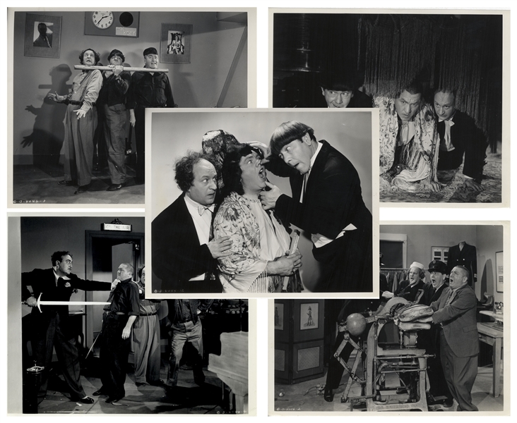 Lot of Five 10 x 8 Glossy Photos From the 1945 Three Stooges Films Booby Dupes & Micro-Phonies -- Very Good Plus Condition